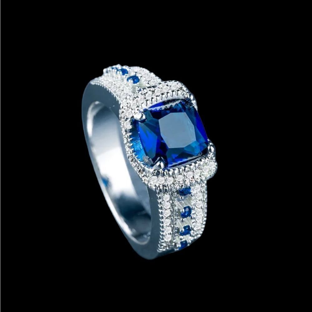 925 STERLING RING WITH GEOMETRIC SAPPHIRE COLOR GEMSTONES, Sz 8